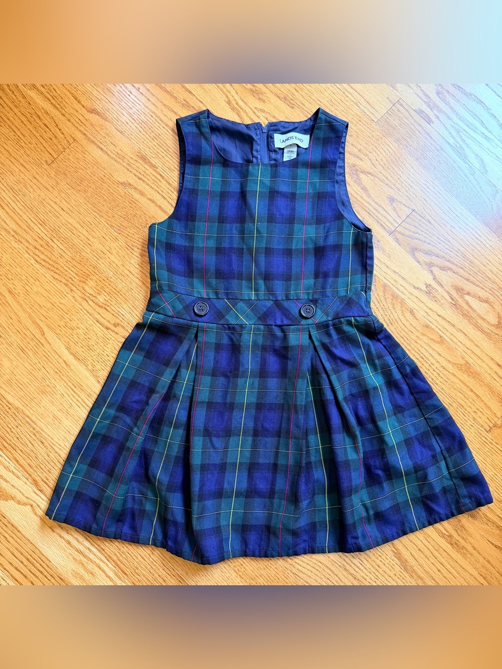 Lands' End Navy & Green Plaid Sleeveless School Jumper dress uniform size 6.